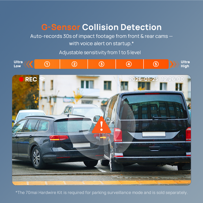 Car rear dashcam recording screen showing collision warning during parking.