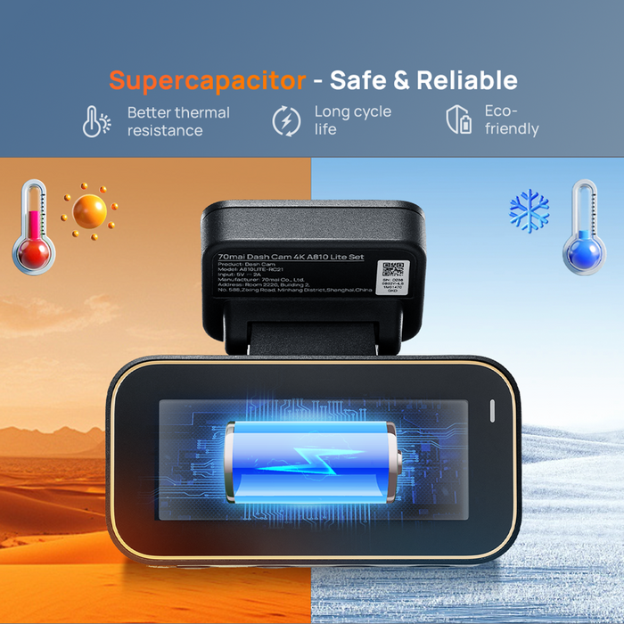 A810 Lite dashcam close-up showing supercapacitor unit and front display window.