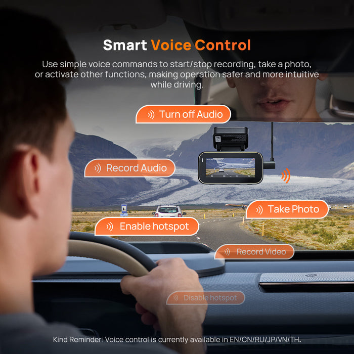 In-car dashcam with smartphone voice control commands shown for recording.