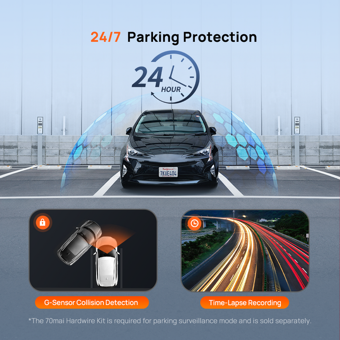 Front dashcam view of a parked car with 24/7 parking protection overlay.