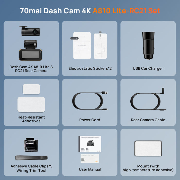Dash cam accessory kit with dash cam, cables, charger, stickers, and clips