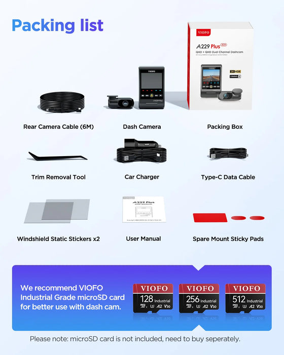 VIOFO A229 Plus 2CH Front and Rear 2K+2K HDR 5GHz Wi-Fi GPS Voice Control Dual Dash Camera with Sony STARVIS 2 Sensor