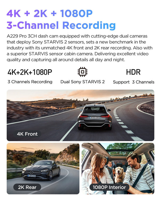 VIOFO A229 PRO 3CH 4K+2K+1080P HDR 3 Channels Car Dash Camera with Sony STARVIS 2 Sensors for Lyft Taxi Ridesharing Drivers