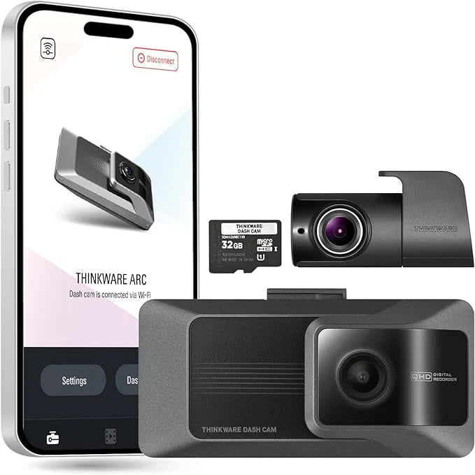 THINKWARE ARC Dash Cam  1440P+1440P Front and Rear, Wi-Fi, Super Night Vision, 24/7 Parking Mode (Free 32GB Card, Hardwiring, 12V Cable, GPS)