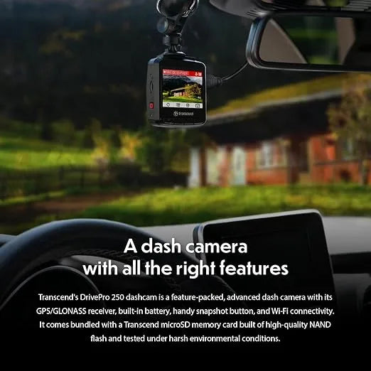 Transcend DrivePro 250 Dash Camera for Car | Dashcam for Cars | Car Dash Camera |2K QHD 1440P| Sony STARVIS™ | WiFi | GPS | Build-in Battery&Display