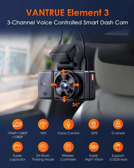 Vantrue Element 3 (E3) 3 Channel Dash Cam Front and Rear Inside