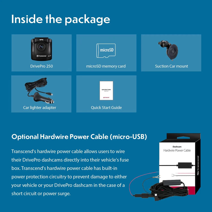 Transcend DrivePro 250 Dash Camera for Car | Dashcam for Cars | Car Dash Camera |2K QHD 1440P| Sony STARVIS™ | WiFi | GPS | Build-in Battery&Display