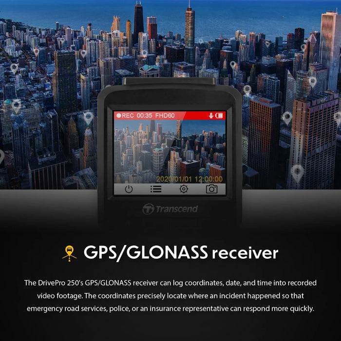 Transcend DrivePro 250 Dash Camera for Car | Dashcam for Cars | Car Dash Camera |2K QHD 1440P| Sony STARVIS™ | WiFi | GPS | Build-in Battery&Display