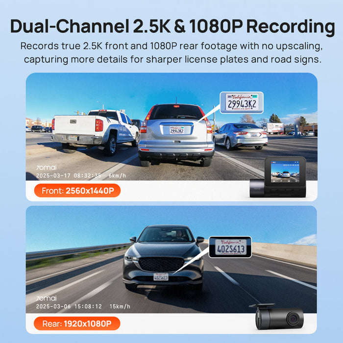 70mai Dash Cam A410 2.5K HDR Dual with GPS, Emergency Record, G-Sensor, App Control
