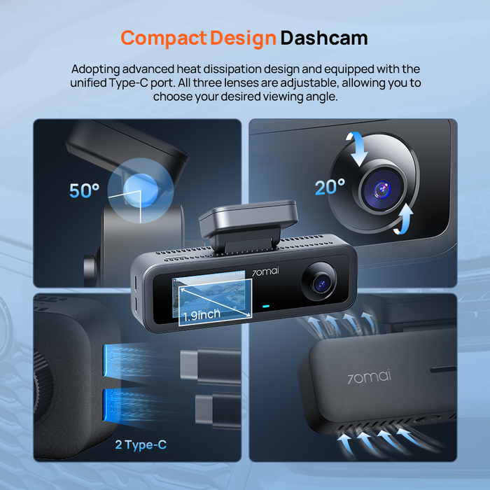 Kompaktes 3-Kanal-Dashcam-Set T400 mit drehbaren Linsen und Touch-Display