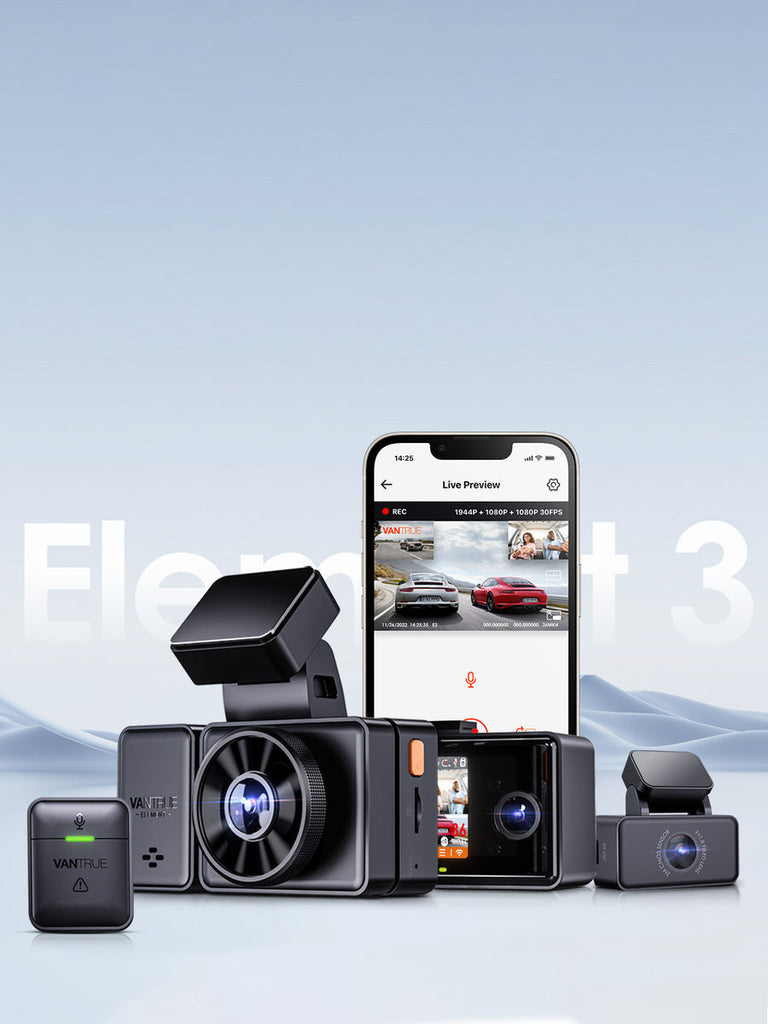 Vantrue Element 3 (E3) 3 Channel Dash Cam Front and Rear Inside —
