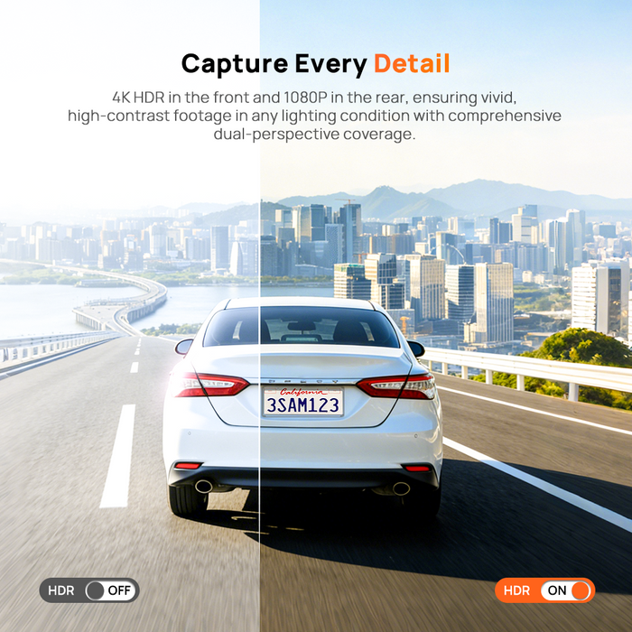 Car dashboard dash cam view with front and rear camera angles displayed