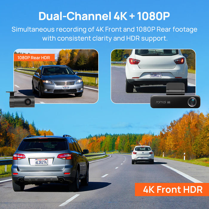 70mai Dash Cam 4K M800 with Built-In eMMC 128GB, Dual Sony STARVIS 2, HDR Recording & Compact Design