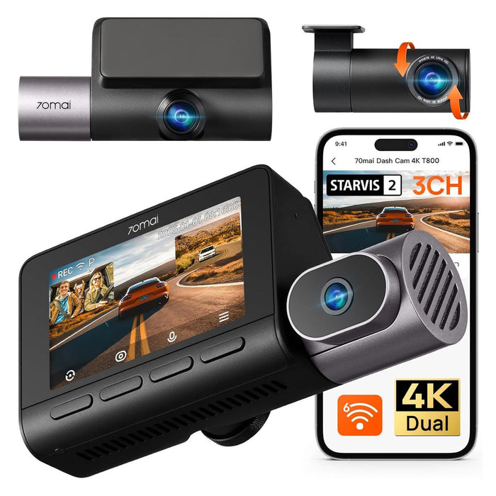 70mai Dash Cam 4K T800 3-Channel Dual 4K STARVIS 2 4K+4K+1080P