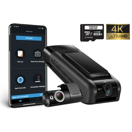 The Thinkware U1000 Pro is a dual-channel cloud dash cam featuring 4K UHD recording in the front and 2K UHD recording in the rear.