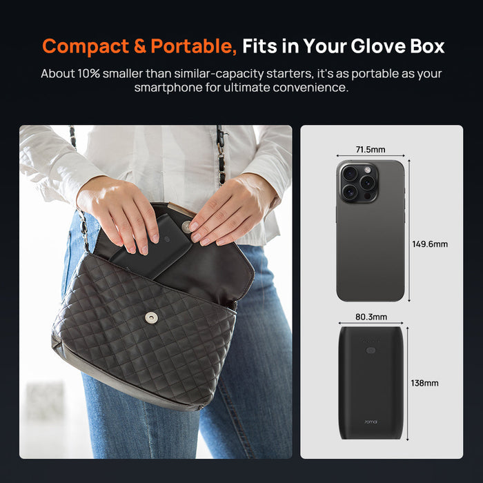 Compact Jump Starter PS07 being carried in a bag; side ports visible on device