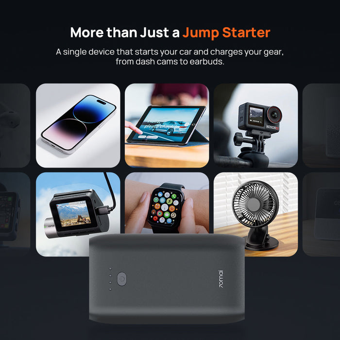 Jump Starter PS07 with included charging accessories shown in a multi-device layout