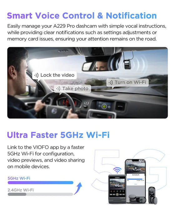 VIOFO A229 Pro 3CH 4K+2K+1080P HDR 3 Channels Car Dash Camera with Sony STARVIS 2 Sensors for Lyft Taxi Ridesharing Drivers