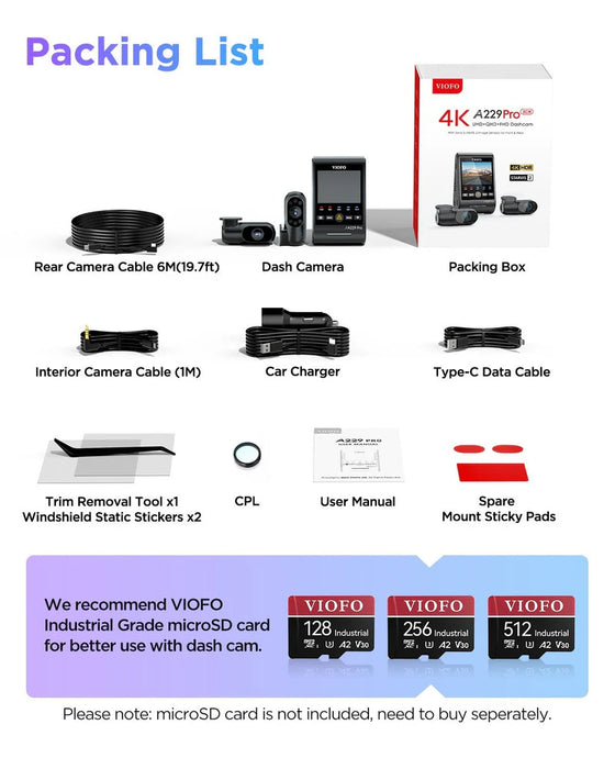 VIOFO A229 Pro 3CH 4K+2K+1080P HDR 3 Channels Car Dash Camera with Sony STARVIS 2 Sensors for Lyft Taxi Ridesharing Drivers