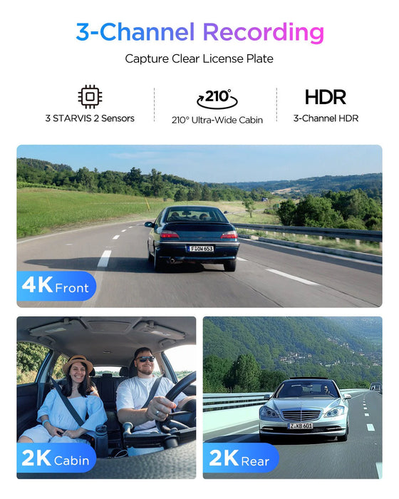 VIOFO A329S 3CH First 4K 30FPS Front+2K Wide 210° FOV Fisheye Cabin+2K Rear Dash Cam with STARVIS 2 Sensor 3-Channel HDR, Support SSD Storage